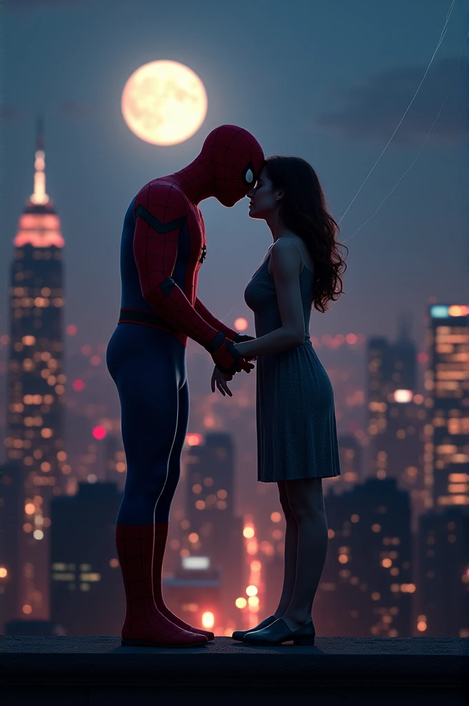 Spiderman is kissing Mary Jane Watson he is fingering her, she is in ecstasy, she is pregnant, intimate, kiss