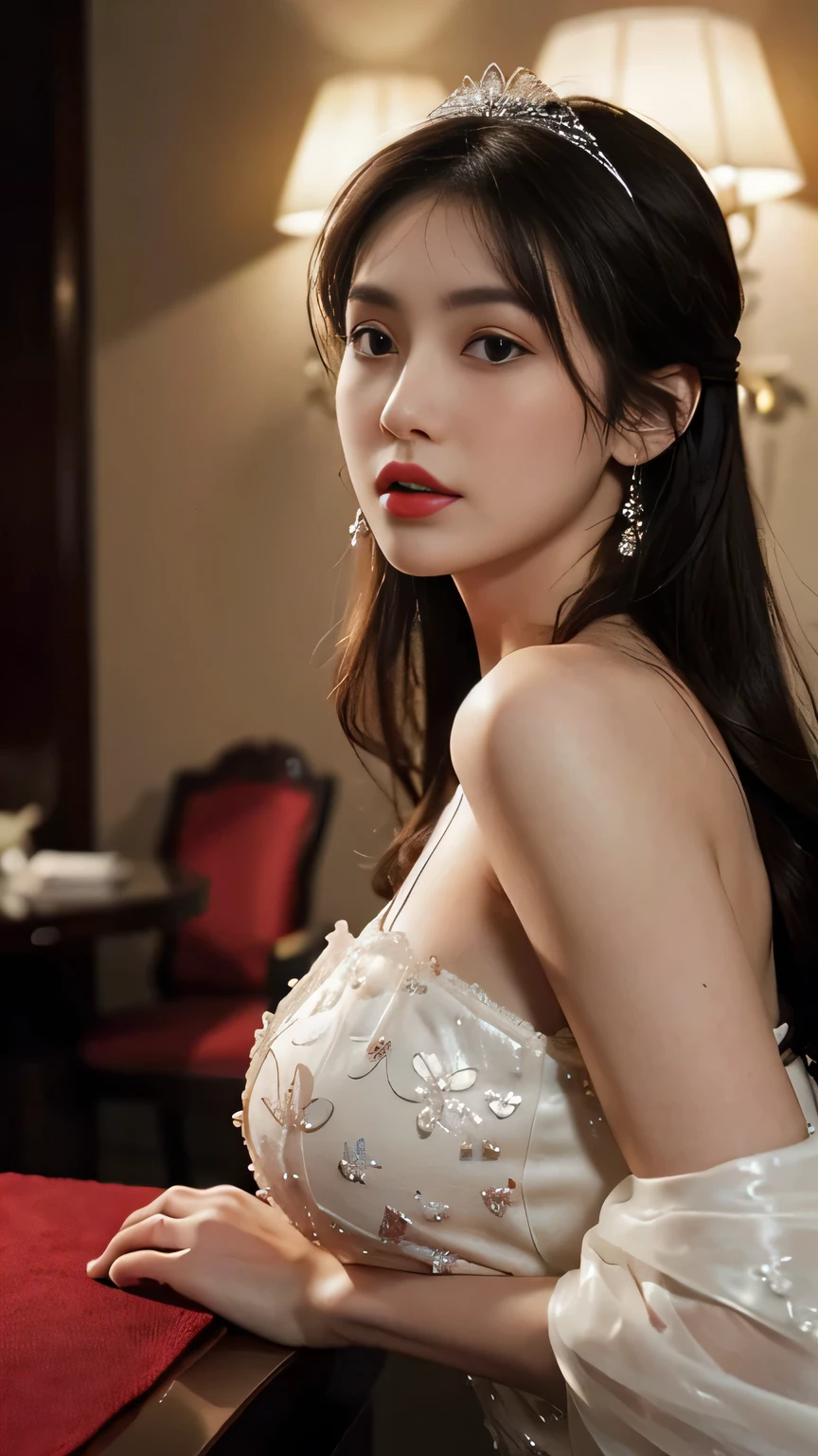 Ultra HD resolution，art photography，photography，21-year-old girl,earring,long hair,black background,Black backless dress,necklace,Cowboy Shot,H Cup，show cleavage，Revealing more breasts，Incredible chest size，Erect nipples，Open the arena area，big breastsขึ้น，The back is smooth and beautiful.，The back is completely bare.，Cold skin whitening，Big butt，Clothes made from silk，messy hair，messy hair，Translucent clothes，Face flushed，More transparent clothes，Fair and transparent skin ,Very big breasts , Thin dress showing nipples , shiny colored dress . Wet slippery cloth best quality, beautiful girl, Model, stand, see full body, big breasts, fit, Masterpiece, 8K, Ultra high resolution, (realistic:1.4), Highly detailed, complicated details, an delicate and beautiful, good light, professional lighting, Sharp focus, Detailed shadows, Sophisticated details and textures, depth of field, วอลล์เปเปอร์ความสามัคคี 8K, movie elements, movie light, official art, seaman, Flight attendants,