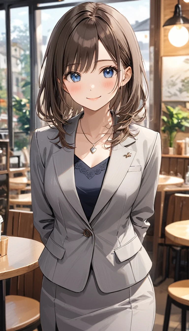 masterpiece, Best Quality, medium breasts,  Beautiful Details, Fine texture, Fine skin, Very cute girl, Alone, Happy smile, blush, closed mouth,  Deep Blue Eyes , Brown Hair,  shortcuts, Right-parted bangs,  Long Sleeve , White, slashed neck , Grey suit jacket,  grey pencil skirt,  black pantyhose, necklace,  blouse, indoor, Cafe,  blurry background, arms behind back, cowboy shot