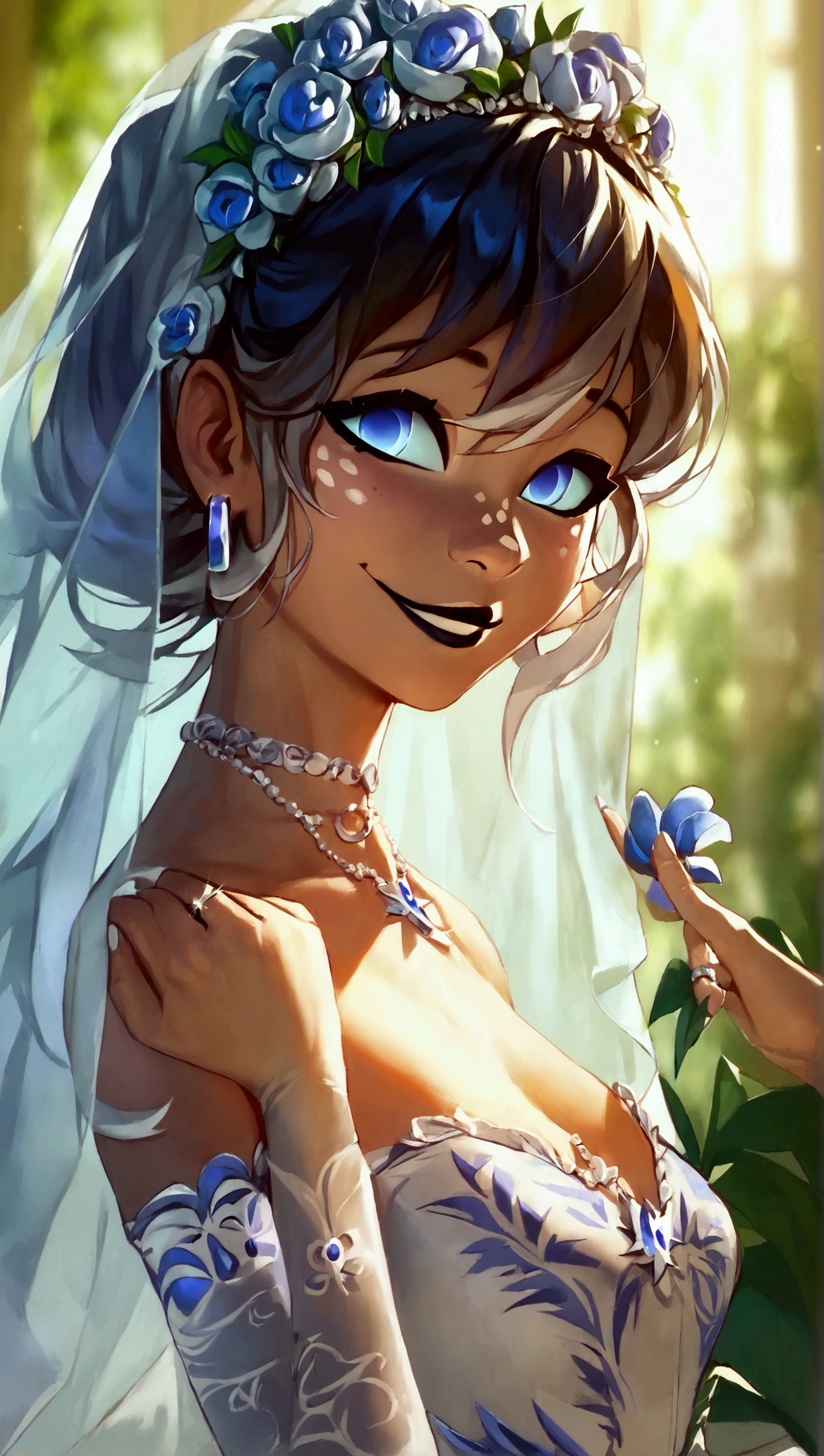 score_9, score_8_up, score_7_up, Emily, 1girl, jewelry, dress, wedding_dress, veil, necklace, ring, formal, smile, realistic, earrings, white_dress, flower, bridal_veil, hair, wedding, bride, breasts, wedding_ring, grin, striped, (masterpiece), best quality, expressive eyes, perfect face, good hands, best hands, detailed, high quality, high resolution. 8k