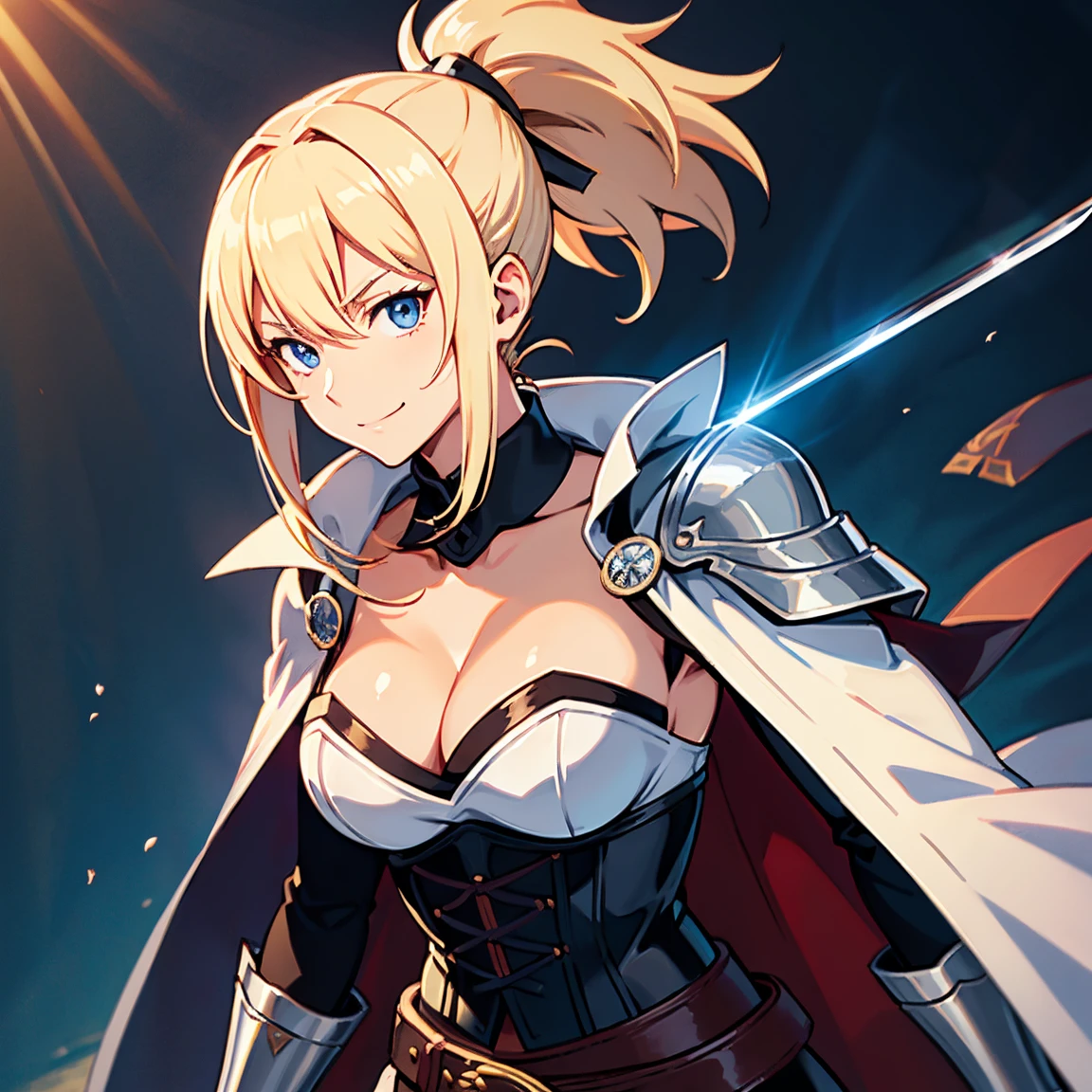 Japanese anime illustration,masterpiece,top-quality Illustration,(1woman),(sharp face),(anime nose),(sharp cheek),Cool face,blonde hair, ponytail,blue eyes,sharp bangs,slanted eyes,(glare),(light smiles),(cleavage),detachable collar,cloak with a stand-up collar,collarbone,bare skin,Collared Neckwear,medium bust,(knight),knight corset,knight belt,(cape),coat,arm sleeves,white gloves,(upper_body),(gripped the hilt of a western sword),(Perfect anatomy),8k ultra hd,