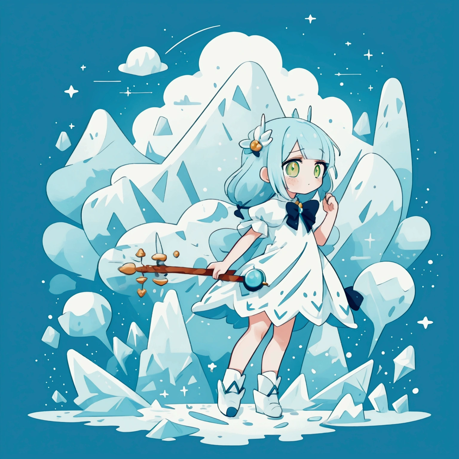 Flat Image,  Vector Illustration ,  girl, Ice blue hair, Yellow-green eyes,  white dress,  sad,  magic , Mystery, nature, animal, rock, stick