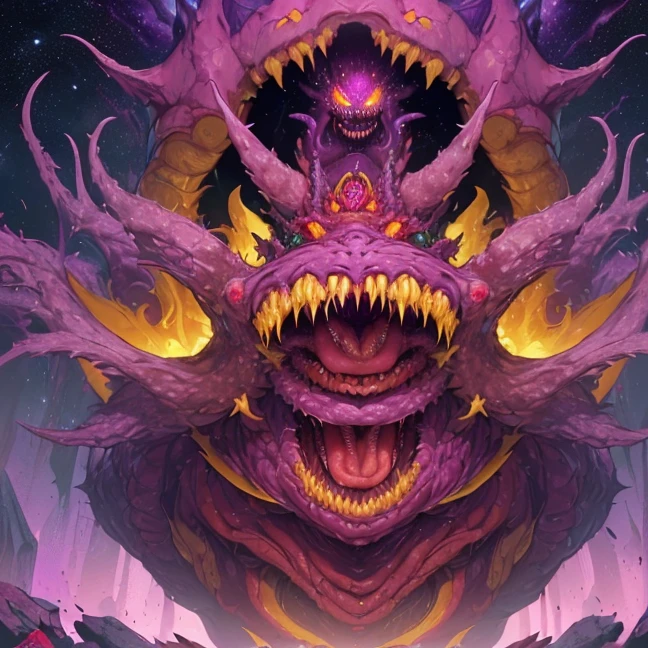 (Best high quality image, very detailed image textures and pixels, carefully detailed)
{{(1monster: red monster evil god): (obese eldritch appearance, formless body, multiple mouths full of teeth, multiple muscular tentacles full of multiple fat tendrills with golden claws, multiple mouths with purple tongues with pink tentacles, pink and green tendrills in every side of the body, growling, laughing), (fleshy ethereal nightmarish realm))}}