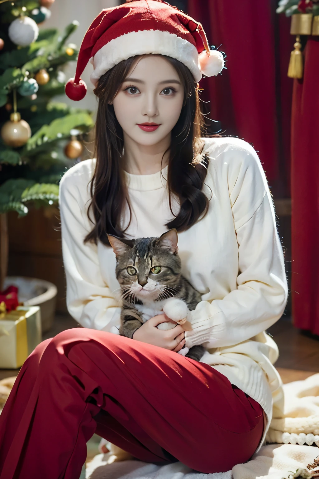 xxmix_girl, A woman with long hair wears a light-colored sweater,8k, the best details ，Holding a cat in the hand ，Detailed flower cat，Wool Hat ,Red pants ，Lying down，leg shot，Christmas atmosphere，