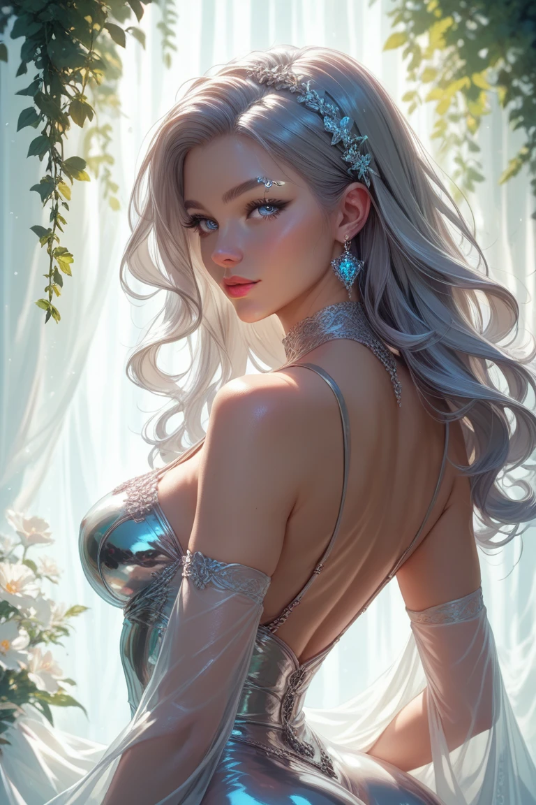 oil painting and cg rendering portrait of fairy, black theme, a nsfw woman with long white hair wearing sleeveless shirt with a crown in falling rose petals, jewelry, pearl_(gemstone), earrings, bracelet, blue eyes, eyelashes, cherry blossoms, white hair, red lips, closed mouth, parted lips, detailed anime soft face, pale snow white skin, beads of water, exposed shoulders, upper body, water, chain, nature, hand up, wind, grand background.a detailed painting, by mi qi, pixiv, super high detail picture, icy, young goddess, detailed face