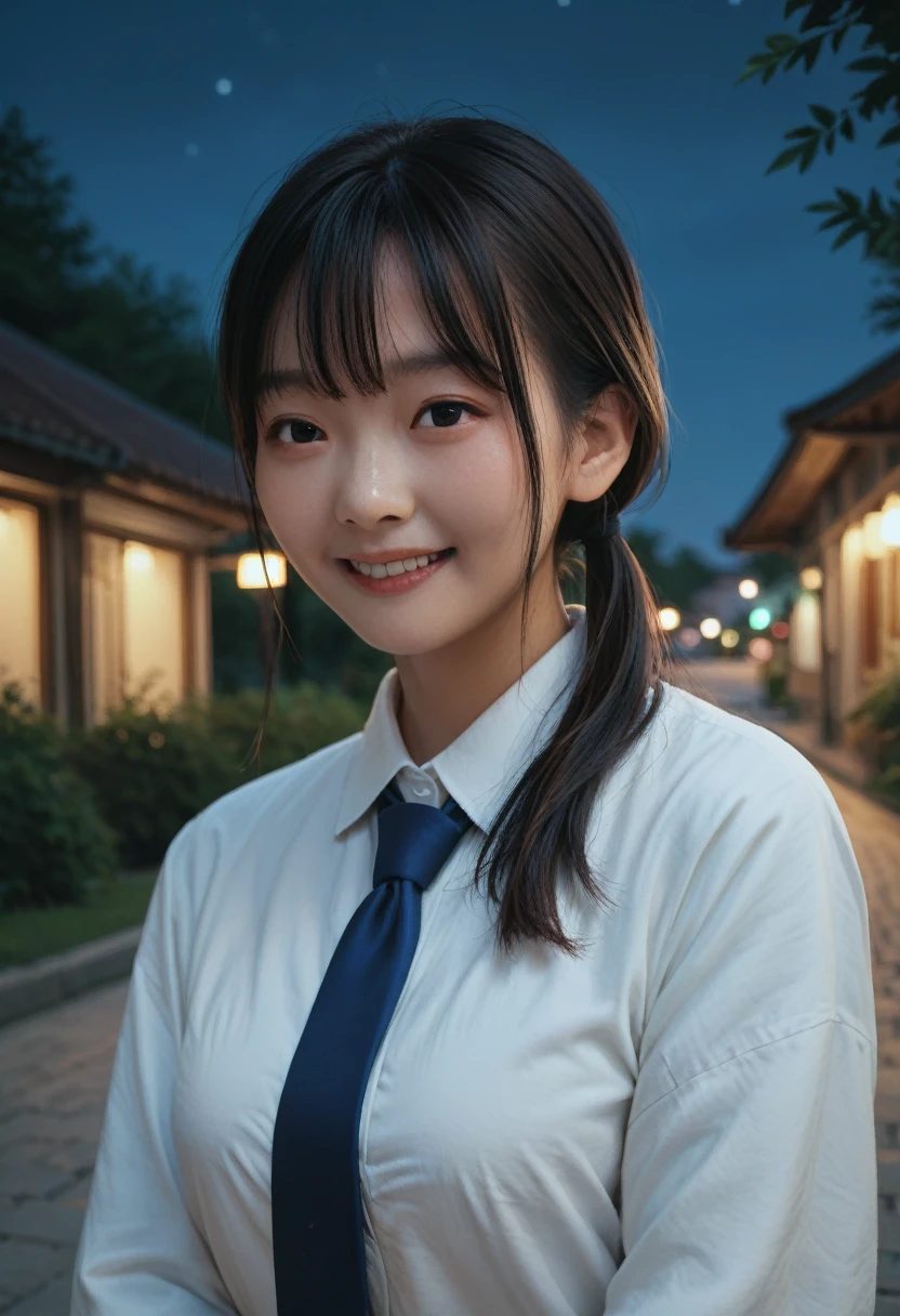 real human skin,very detailed,Asian,black hair,low Ponytail,bangs,medium breasts,white dress shirt,half sleeves,blue necktie,smile,outdoor,night,upper body