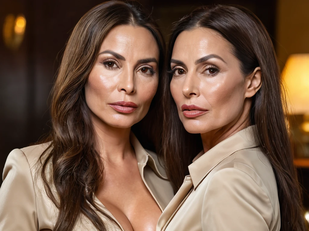 Two Caucasian women, europea, (((escote))), de pie, ((clean skin)), 46 year old woman and 14 year old woman, grande, lenceria, (escote), pecas, cabello corto, rubio, Taza buena, (((front view))), ((((full body)))), ((serious face)), ((pechos llenos)), (((pechos caidos))), ((dressing room))