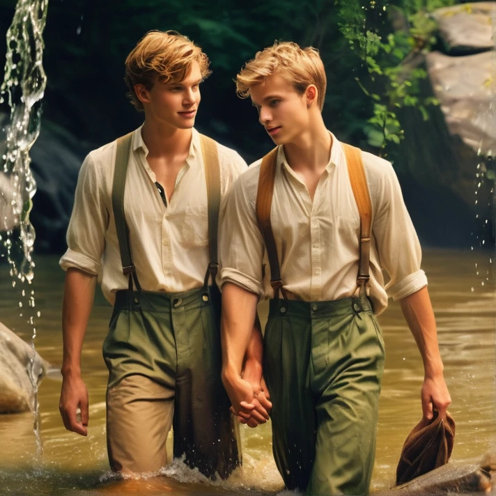 Medieval Brothers, handsome young man with brown hair wearing a tank top without a shirt and another young man with blond hair wearing a tank top and a white long sleeved athlete shirt.