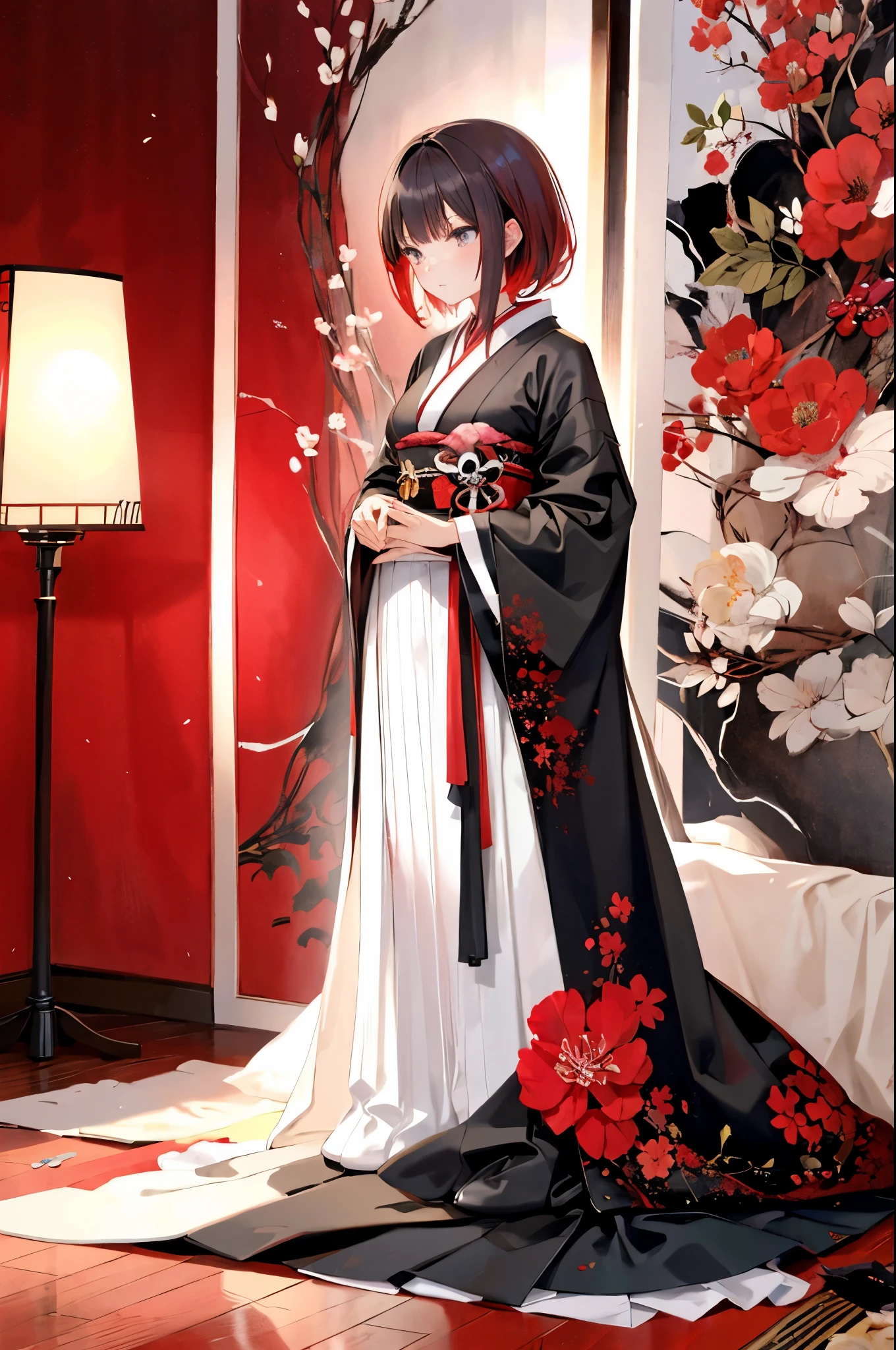 Official Art, wallpaper, Very detailed, (((Very detailed eyes and face))), masterpiece, highest quality, sumi-e (painting), like Jeremy Mann style, full body shot, a regal mature woman, standing still, contrapposto, closed mouth, own hands together, lying face down, looking down, adorned in traditional Japanese-inspired attire, Clad in robes of black white and red, black eyes, red hair, long, 
BREAK 
mystical atmosphere, a harmonious blend of black white red, standing posture with dignity, her form is a brushstroke of authority and elegance, elegance and dignity, beautiful fingers, anatomically correct fingers, no smile, a thoughtful look, a crisp look, face down, looking down, 
BREAK 
Very detailed, Dynamic Angle, the realm of the extraordinary, eternal brilliance, chaotic abstract Tangle pattern on background, red black and white watercolor touch background, background like a blazing fire,