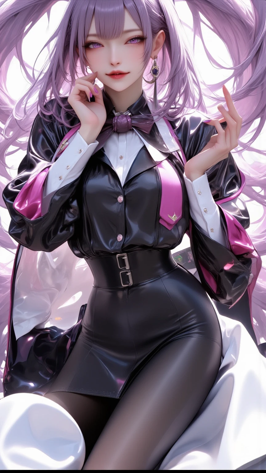  1 mature beautiful woman ,( best quality, very detailed depiction, Incredibly Absurd High Resolution ,High quality anime drawings:2.0),( office lady ,An excellent female secretary,Villainess,Glasses:2.3),( business suit with bleach,Latex tight skirt,Formal Shirt,tie, Luxurious Accessories , black tights, high heels),(Purple Eyes,Crazy Eyes, half-closed eyes:2.0, big chest,wicked smile:2.3,Glossy lips, is opening:2.0,Touching your mouth with your fingers:2.0,Beautiful legs, shiny skin,Seductive gestures:2.0, forward leaning), full body image:2.0,