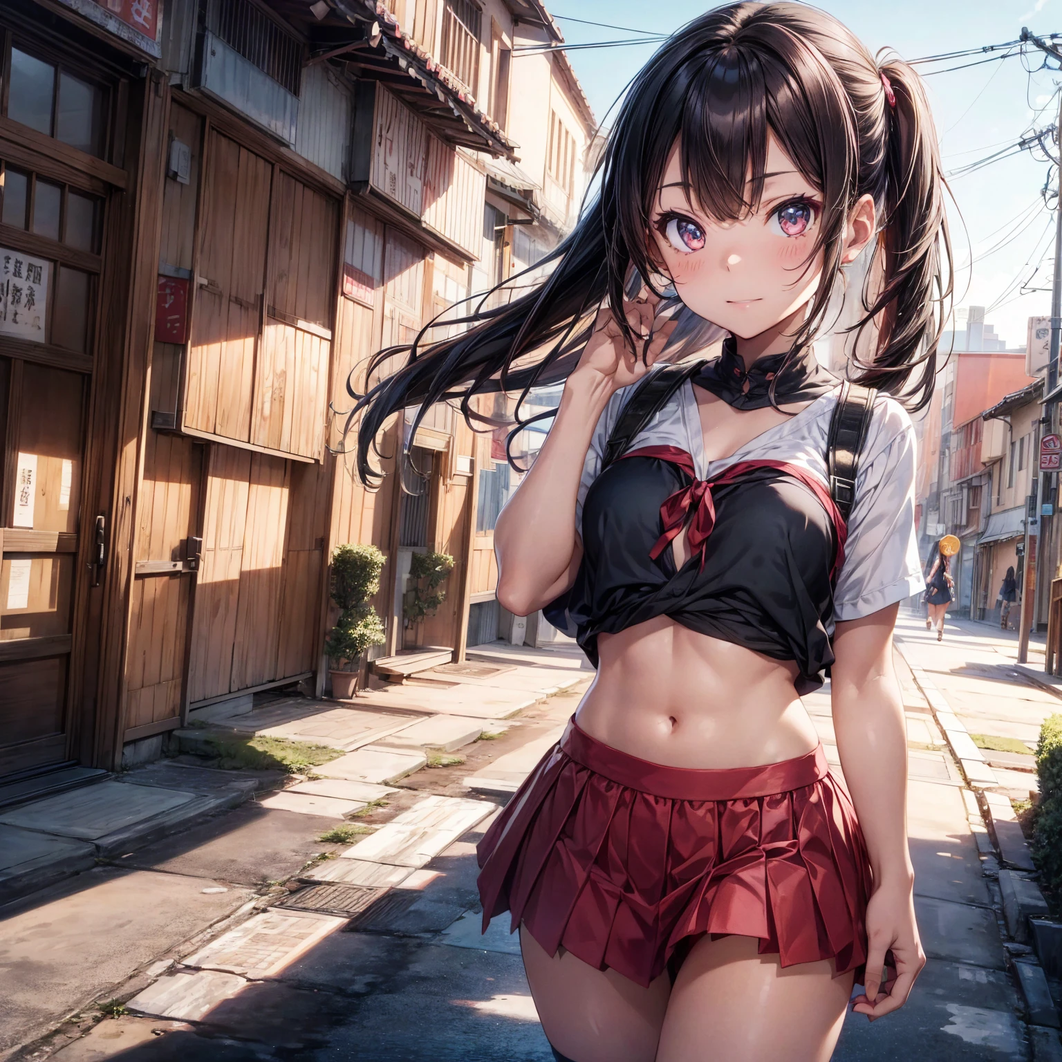 8 girl, solo, long haired, twintail hair, black hair, flat chest, (micro bikini), black long boots, leather jacket, (black mask), thin legs, standing, akihabara, flom above,