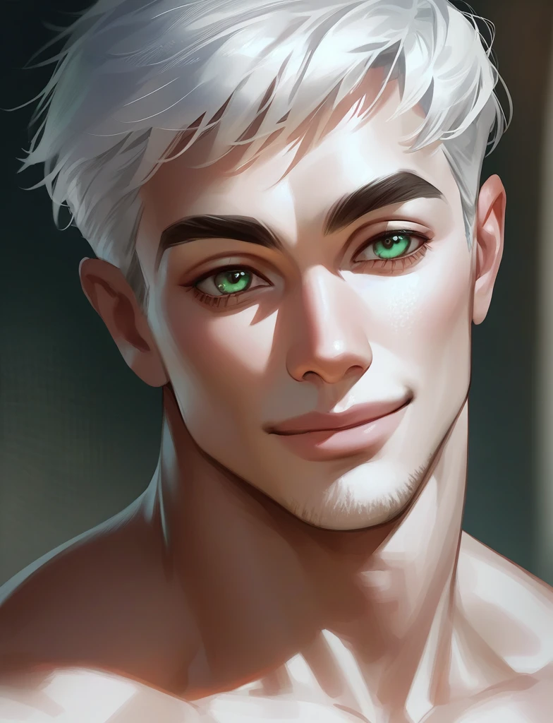  masterpiece,  style better quality, realistic,  a man, male focus, high, muscular, [thick eyebrows: 0,5], smile, Horma , portrait,  extremely detailed face],  white hair, ( short hair )  emerald green eyes ,  shirtless 