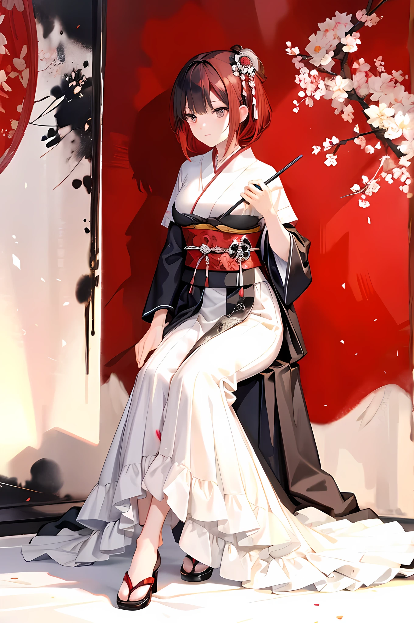 Official Art, wallpaper, Very detailed, (((Very detailed eyes and face))), masterpiece, highest quality, sumi-e (painting), like Jeremy Mann style, full body shot, a regal mature woman, standing still, contrapposto, closed mouth, own hands together, lying face down, looking down, adorned in traditional Japanese-inspired attire, Clad in robes of black white and red, black eyes, red hair, long, 
BREAK 
mystical atmosphere, a harmonious blend of black white red, standing posture with dignity, her form is a brushstroke of authority and elegance, elegance and dignity, beautiful fingers, anatomically correct fingers, no smile, a thoughtful look, a crisp look, face down, looking down, 
BREAK 
Very detailed, Dynamic Angle, the realm of the extraordinary, eternal brilliance, chaotic abstract Tangle pattern on background, red black and white watercolor touch background, background like a blazing fire,