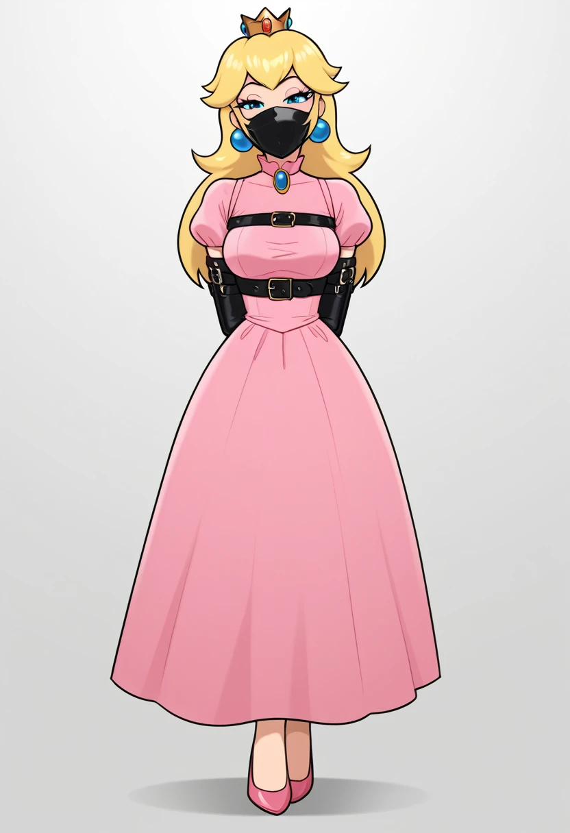 score_9, score_8_up, score_7_up, 1girl (Peach from super mario lore, Peach_StarryNightDress, Pink long party dress, dress, dress), flirt, gaze, sexy look, half-closed eyes, head tilt, makeup, (full bodies in view) expressiveh d4rk01l, perfect hands, perfect proportions, simple background. standing,  belt bondage, bound arms, arms behind back, tight mask, black mask, nude legs, (armbinder tied), (armbinder: 1.4), (front view), (sexy pose), (leather mask), (wrap mask), complete body .