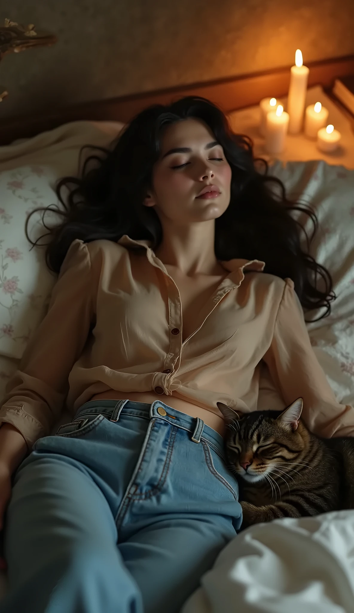 (Oeuvre) (Très réaliste) (Très détaillé) (Image 4K HD) Une belle femme, un visage mince, de longs cheveux noirs, une chemise boutonnée transparente qui montre quelque chose en dessous et un jean long, montrant les charmes de la femme, les pieds nus , les yeux fermés, dormant comme un enfant, Allongé dans son lit, un chat dormant à côté d'elle, une fenêtre ouverte, la lune qui brille, des bougies allumées sur la table Portrait comme un tableau de Léonard de Vinci, vue de devant les jambes.