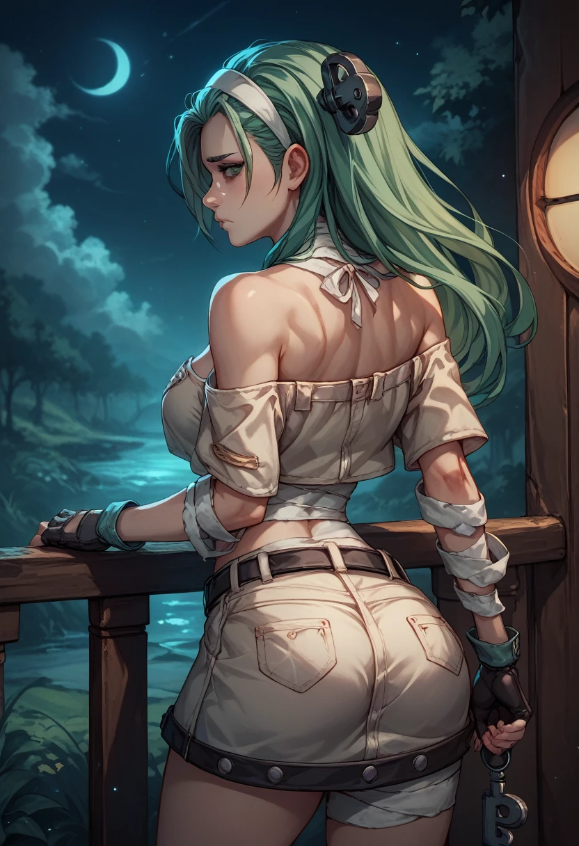 score_9, score_8_up, score_7_up, BREAK, score_9, 1girl, ggsaba, sad, dark circles, long hair, green hair, bandaged, hairband, belt key, off shoulder, skirt, fingerless gloves, object through head, from behind, cowboy shot, looking back, breasts, night