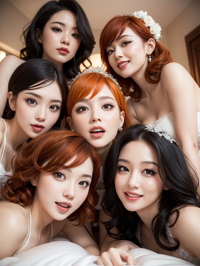 three sexy women in wedding dresses, flirtatious smiles, on bed, closed eyes, opened mouths moaning, close up faces portrait, curly white and red hair