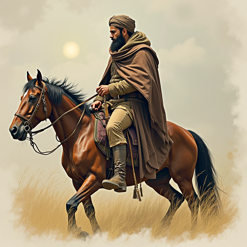 Tribal Pashtun warriors, wearing grey lungee turbans and shalwar kameez with shawls, holding long spears while sitting on horses in a lively Punjab Bazar on a sunny day, capturing the essence of a renaissance painting.