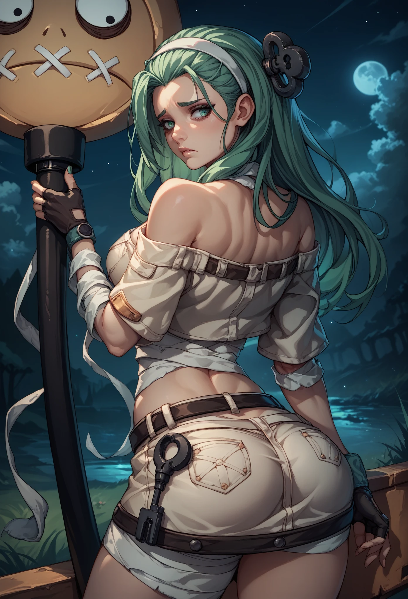 score_9, score_8_up, score_7_up, BREAK, score_9, 1girl, ggsaba, sad, dark circles, long hair, green hair, bandaged, hairband, belt key, off shoulder, skirt, fingerless gloves, object through head, from behind, cowboy shot, looking back, breasts, night