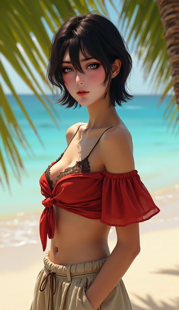 nero from anime black clover, beautiful woman, very beautiful, perfect body, perfect breasts, black hair, short hair, slightly smiling expression, has horns, wears a black beach bikini with flower prints, wears balinese cloth, is on the beach, beautiful beach, trees coconut, Realism, masterpiece, textured skin, super detailed, high detail, high quality, best quality, 1080p, 16k