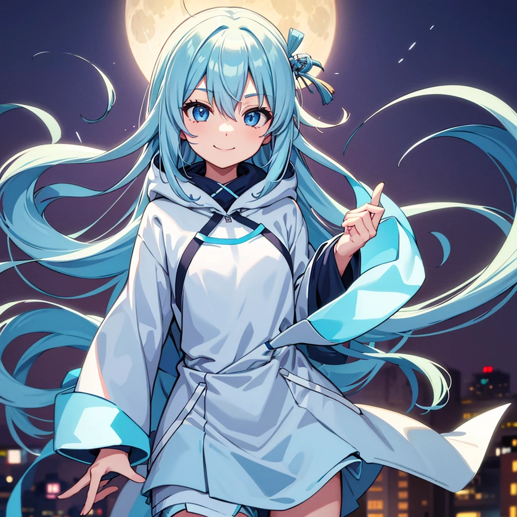 hoodie, 1girl, solo, a full moon night, Kyoto, light blue hair, long hair, light blue eyes, flat chest, slim figure, smile, perfect anatomy