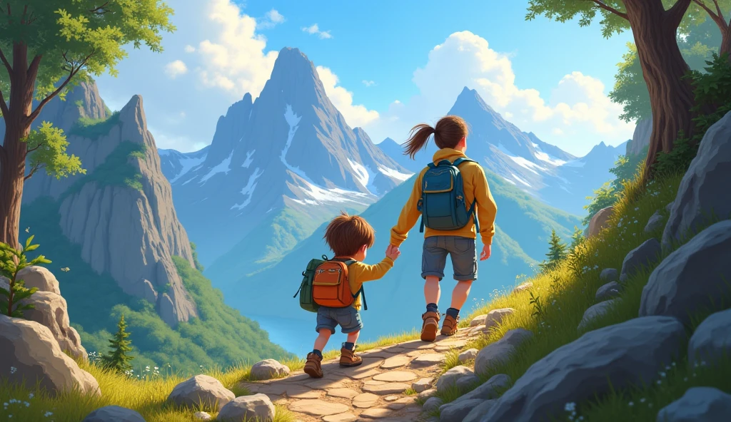 Make a image of a boy running to her village in mountain and another boy is drawing a Lamborghini