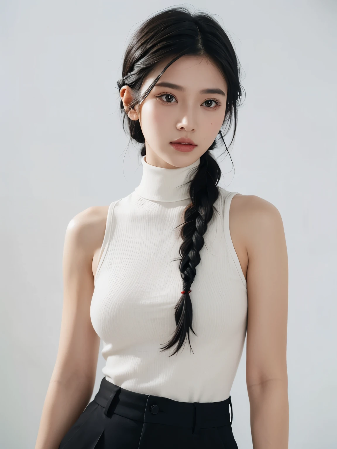  A stunning, beautifully intricate full-color portrait (sks woman:1),  wearing a white sleeveless turtleneck ，Belly cut ,  short turtleneck , pants, Cool Girl,  dark solid background ,  epic character makes up , by ilya kuvshinov, alessio albi, Nina · Masik ,  clearly focuses ,  natural light,  subsurface scattering , f1.8, 35 mm, Film Grain, Inspired by《Overwatch》 Farrah's black fluffy hair , (((Black braided hair ))), Side Bangs, The best hair, reality, Looking aside 