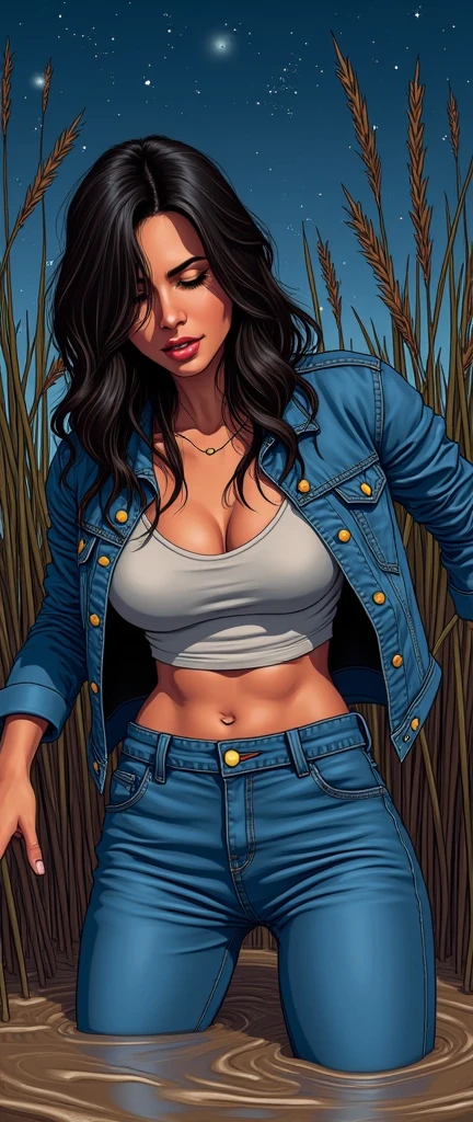  Illustration-style, junior diva , masturbation through jeans, sinking in the mud pit, reeds, denim jacket, night evening, sky, stars, close-up, masturbation through jeans, fuck me
