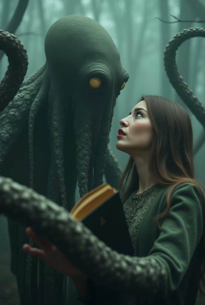 Cthulhu embracing a beautiful young woman with glasses
