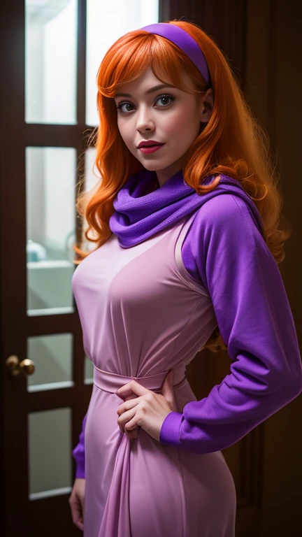 ( masterpiece,  The best quality:1.4), (Standing:1.5), (pose sexy:1.4), ( In a horror house with ghosts), Daphne Blake, (green) scarf,  orange hair, purple dress, headband, long sleeves,  (European youth woman :1),  looking at the spectator, beautiful smile,  beautiful face,  highly detailed face , Highly detailed eyes,  subsurface dispersion , realistic pupils,  full face blush,  full lips ,  detailed background,  depth of field ,  volumetric lighting ,  sharp focus,  absurdres, realistic proportions, (realistic, hyperrealistic:1.4), 16k HDR