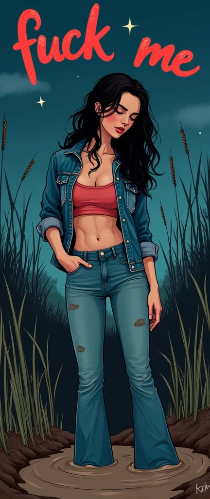  Illustration-style, junior diva , masturbation through flared jeans, sinking in the mud pit, reeds, denim jacket, night evening, sky, stars, close-up, , fuck me
