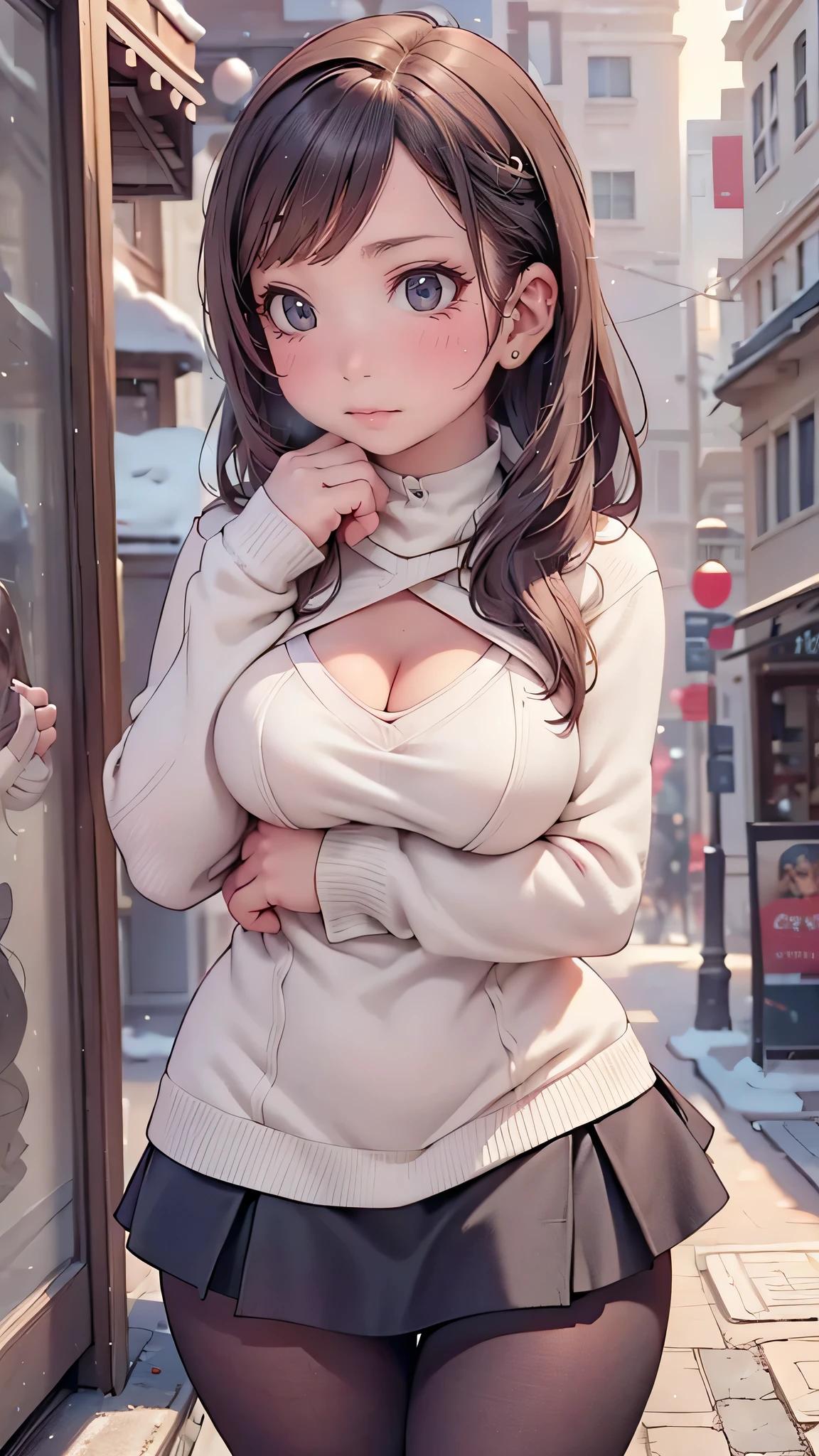 girl in winter clothes showing her breasts, ((detailed nipples)), holding breasts, (pantyhose), cityscape, medium breasts, ((very detailed)), perfectly detailed face, detailed hand, photorealistic image.