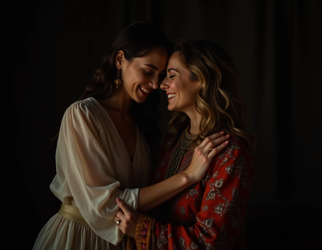 Three friends, taken from behind, watching the sunset, supporting each other, wearing long flowing dresses, long flowing hair, moonlight setting, highly detailed, epic Instagram, artstation, splash style of colorful paint, contour, hyperdetailed intricately detailed , Vibrant Colors, unreal engine, fantastical, intricate detail