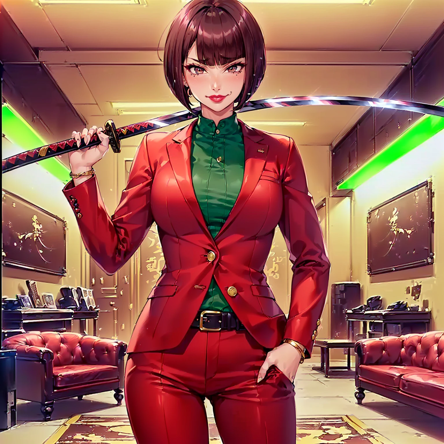 ((1girl, solo ,alone, ((Itsuki Shima, mature female, (cowboy shot:1.2), short hair, brown hair, bob cut, brown eyes, looking at viewer), muscular female, gold bracelets, ruby earrings)), ((athletic body, toned body, fitness)), ((solo, (1woman, pink lipstick), Extremely detailed, ambient soft lighting, 4k, perfect eyes, a perfect face, perfect lighting, a 1girl)), ((business woman, executive woman, dark red suit, dark red pants, green shirt, green dress shirt, nightclub, neon light, modern environment, futuristic environment, ((katana over shoulder, holding a katana, bodyguard, , smug, night)), belt, jade, red lipstick))