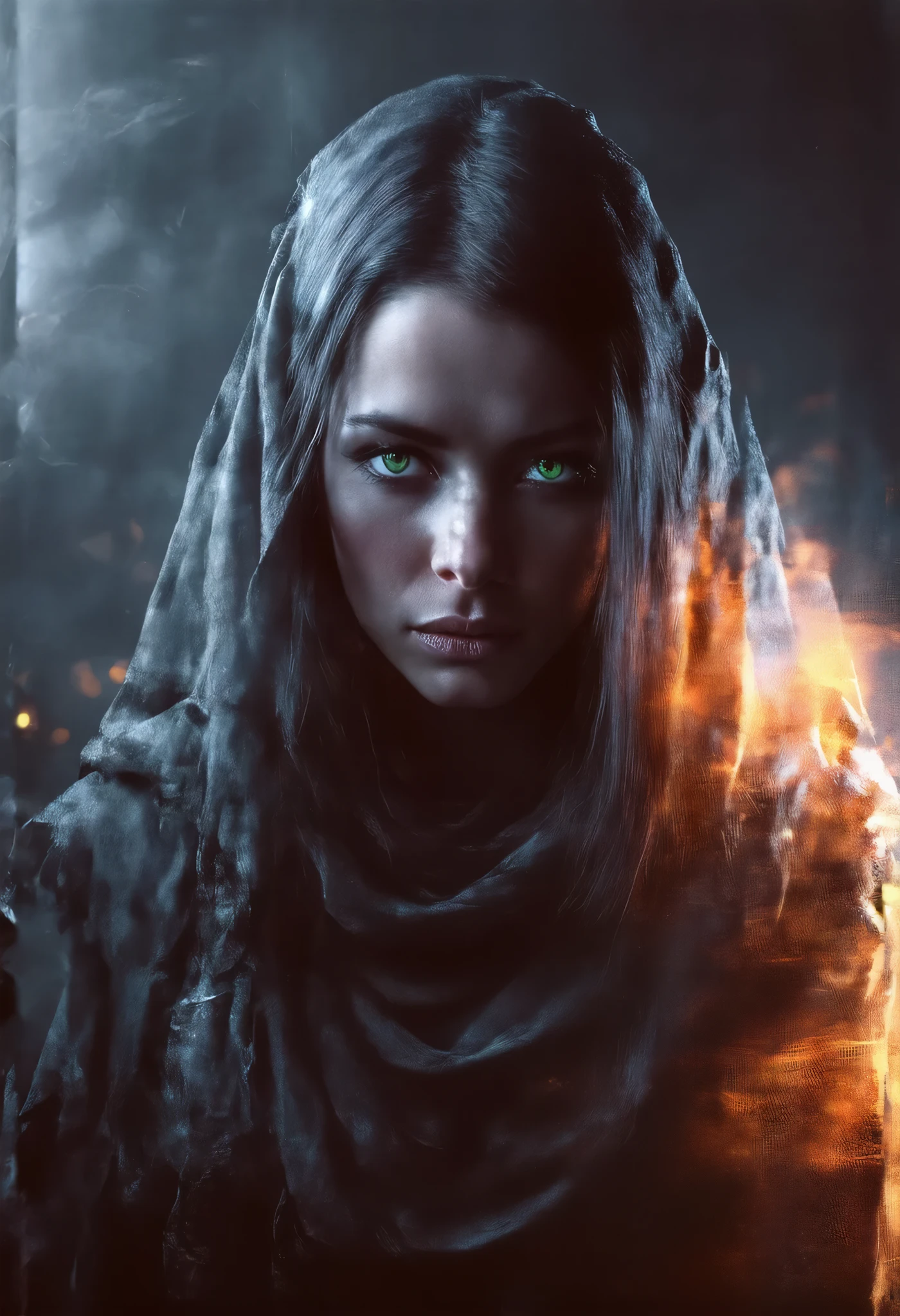  Mysterious beautiful woman with veil ,  you can only see her beautiful green eyes and part of her long black hair, black background Photo , UHD, realistic, Details