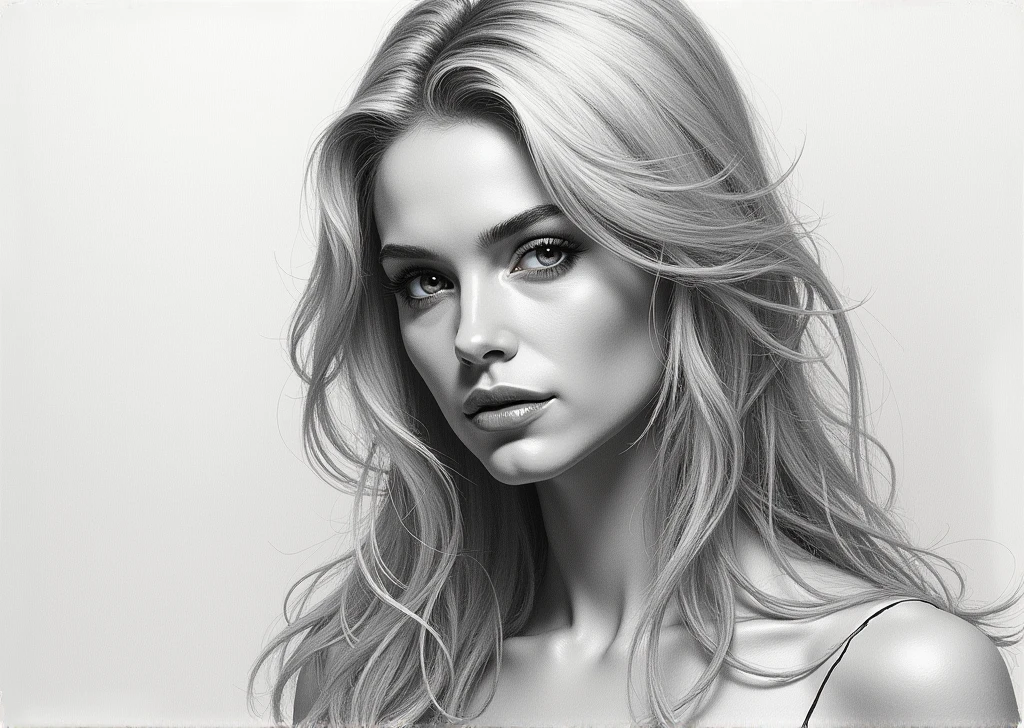 Dessin au crayon noir femme blonde 