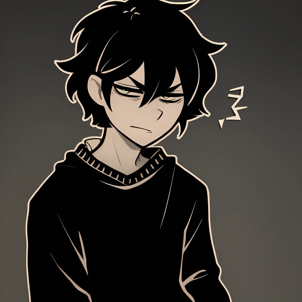 Anime Male, Black Hair, Black eyes, very annoyed ,Black sweater,