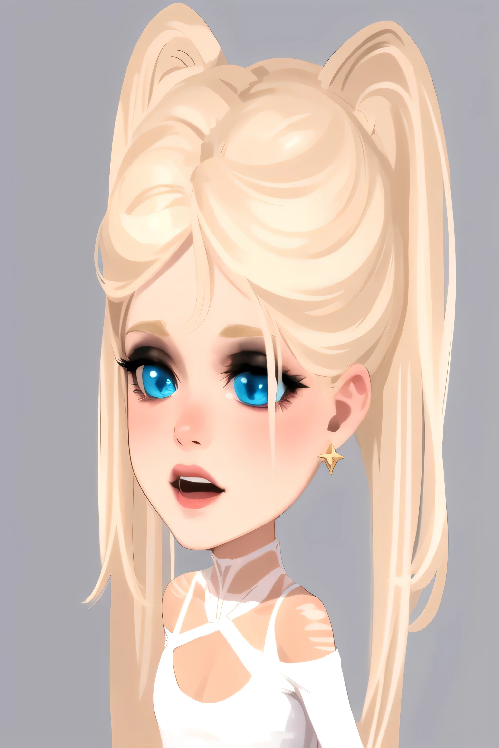 a highly detailed and realistic portrait of a female humanoid figure with blonde hair, blue eyes, and tan skin, standing outdoors against a starry night sky background, wearing white shirt, with a beautiful symmetrical face, earrings, and a white demon cat beside him, cinematic lighting, bloom, masterpiece quality