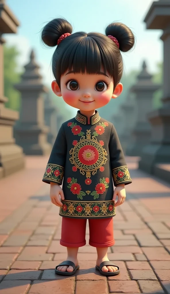 (masterpiece, best quality:1.2), a boy with name owo wearing Javanese men's clothing (( Jawi Jangkep. One of the traditional Javanese men's clothing is Jawi jangkep. This clothing consists of a beskap which has a dark color and a gold flower motif in the middle, Basahan. The next type of Javanese men's traditional clothing is basahan or baju dodot, Surjan, Javanese Batik, Beskap)). background of Borobudur temple (( Javanese temple located in Central Java)).