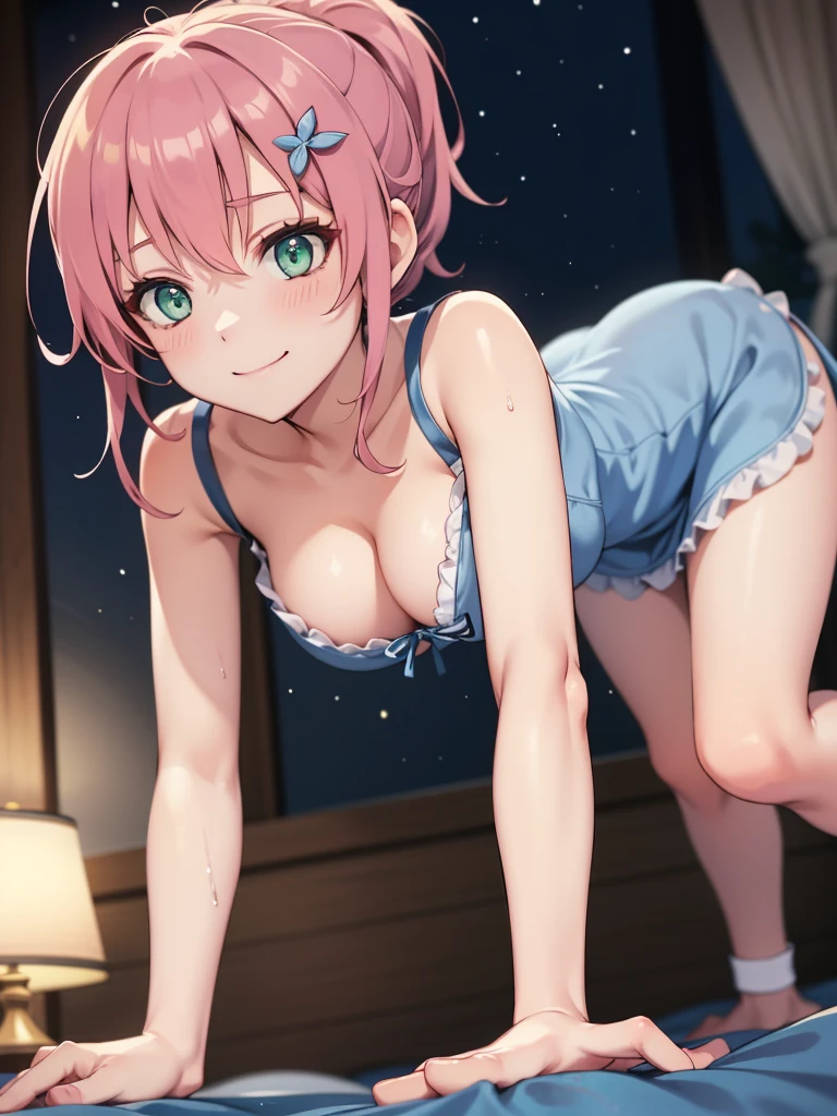 (masutepiece, Best Quality, hight resolution, nffsw, Perfect Pixel, depth of fields, 4K), Beautiful anime girl, Perfect body, ,best quality, masterpiece, highres, solo,, Juna Crawford, pink_hair, ponytail, hair_ornament, green_eyes, (dark blue nightgown:1.4), , bare shoulders,, , cleavage,,, ,, (crawl on all fours:1.4), (on bed:1.2), ,looking at viewer,, blush, ,smile, , , night,, wet hair , sweet, large boob, from front