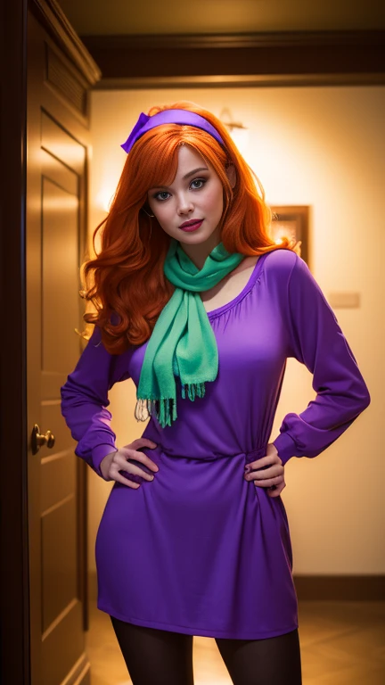 ( masterpiece,  The best quality:1.4), (Standing:1.5), (pose sexy:1.4), ( In a horror house with ghosts), Daphne Blake, (green) scarf,  orange hair, purple dress, headband, long sleeves,  (European youth woman :1),  looking at the spectator, beautiful smile,  beautiful face,  highly detailed face ,  giant breasts, Highly detailed eyes,  subsurface dispersion , realistic pupils,  full face blush,  full lips ,  detailed background,  depth of field ,  volumetric lighting ,  sharp focus,  absurdres, realistic proportions, (realistic, hyperrealistic:1.4), 16k HDR