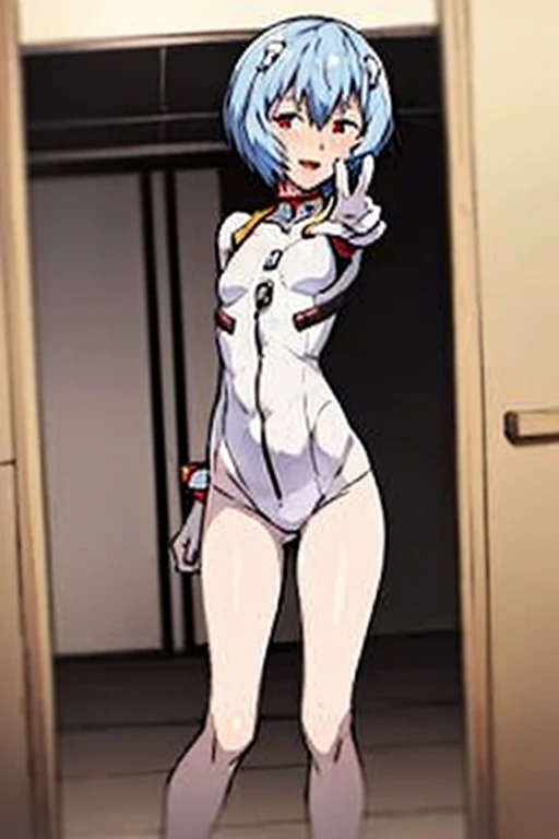 (( best quality)), ((masterpiece)), (be familiar with),  perfect face, indoor, bedroom,  watching viewers,
One woman, Rei Ayanami,
 characters with open mouth ,  ecstatic expression with hands in front of body, blush, smile,
Small breasts,  flat chest, Young girl, Lori,  s,  girl,
Short Hair,  short hair,
Leg spread,