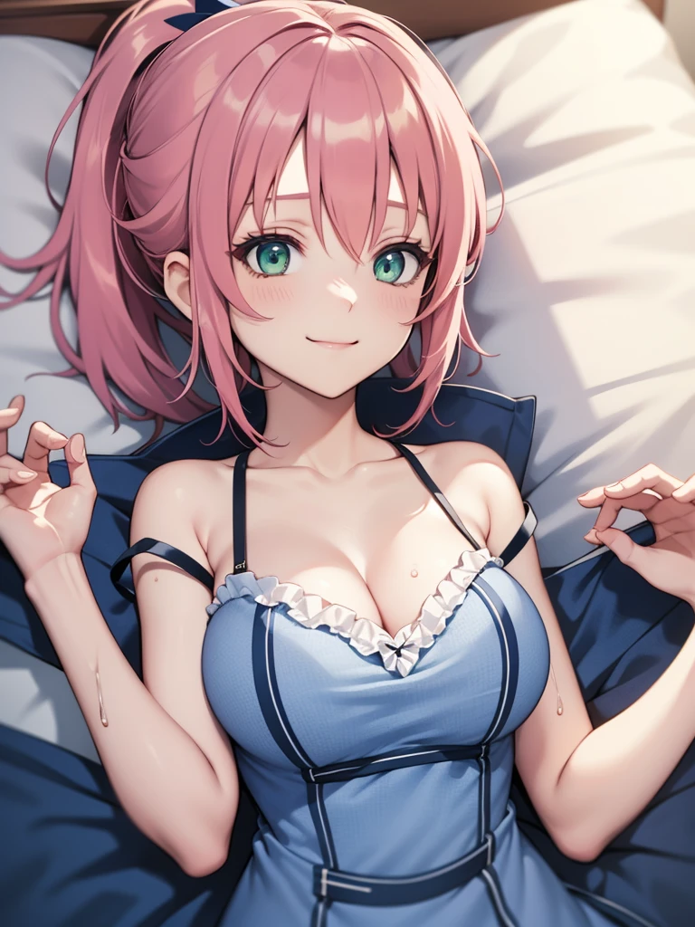 (masutepiece, Best Quality, hight resolution, nffsw, Perfect Pixel, depth of fields, 4K), Beautiful anime girl, Perfect body, ,best quality, masterpiece, highres, solo,, Juna Crawford, pink_hair, ponytail, hair_ornament, green_eyes, (dark blue nightgown:1.4), , bare shoulders,, , cleavage,,, ,, (lying:1.4), (on bed:1.2), ,looking at viewer,, blush, ,smile, , , night,, wet hair , sweet, large boob, from front