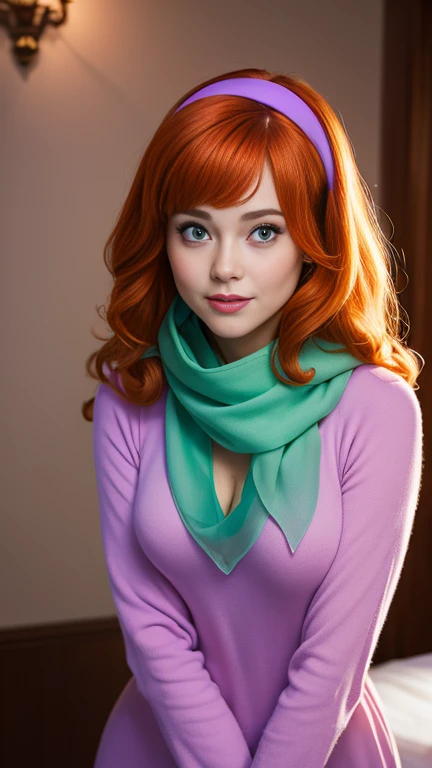 ( masterpiece,  The best quality:1.4), (Standing:1.5), (pose sexy:1.4), ( In a horror house with ghosts), Daphne Blake,  for beautiful and delicate , thin pointed nose , (green) scarf,  orange hair, purple dress, headband, long sleeves,  (European youth woman :1),  looking at the spectator, beautiful smile,  beautiful face,  highly detailed face ,  giant breasts, Highly detailed eyes,  subsurface dispersion , realistic pupils,  full face blush,  full lips ,  detailed background,  depth of field ,  volumetric lighting ,  sharp focus,  absurdres, realistic proportions, (realistic, hyperrealistic:1.4), 16k HDR