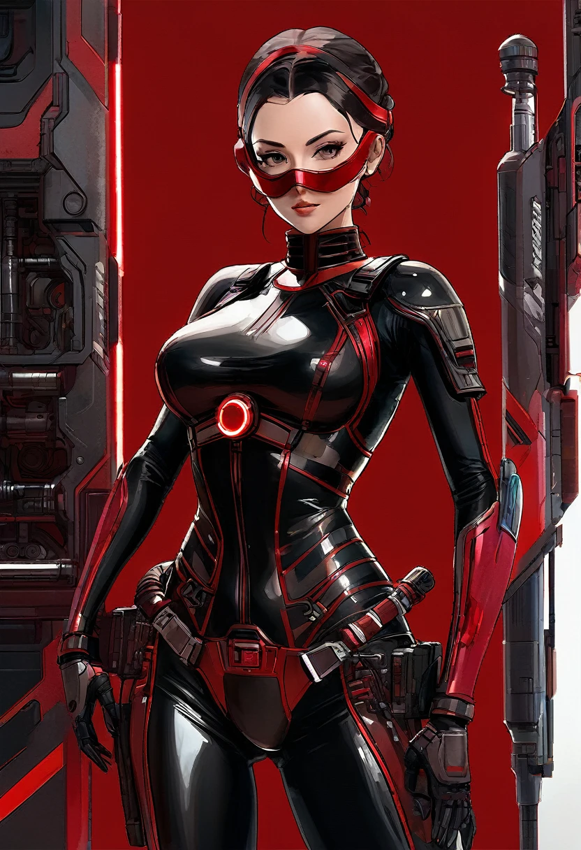 short red dress, undercut platinum bobcut blonde hair, small breasts, fit, muscular, short hair, mercenary, boob window, chain choker, full body shot, cybernetic, cyberpunk, mechanical parts