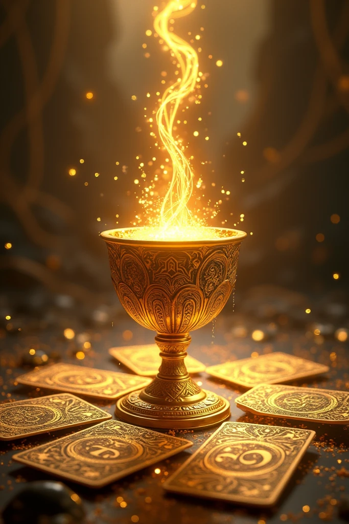 Magic deck of cups cards, GOLDEN THREADS water flowing out of a gold chalice. 