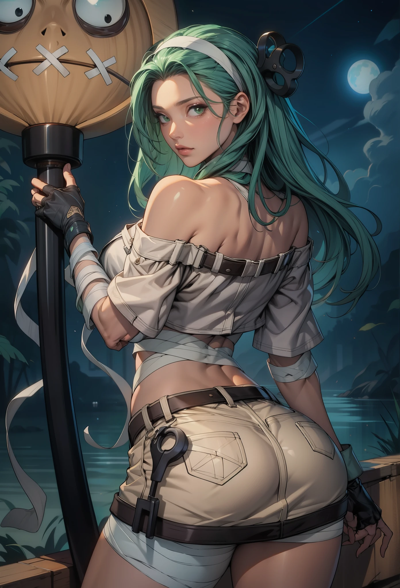 perfect eyes:1.2, detailed eyes:1.4, aba, dark circles, green hair, sad, long hair, green eyes, makeup, hairband, bandages, bandaged neck, key in head, bare shoulders, fingerless gloves, bandaged leg, bandaged arm, bandaged hand, sarashi, skirt, cowboy shot, 1girl, solo, (masterpiece:1.6, best quality), 8k, insane details, intricate details, hyperdetailed, hyper quality, high detail, ultra detailed, professional, HDR, ray tracing reflection, cinematic lighting,