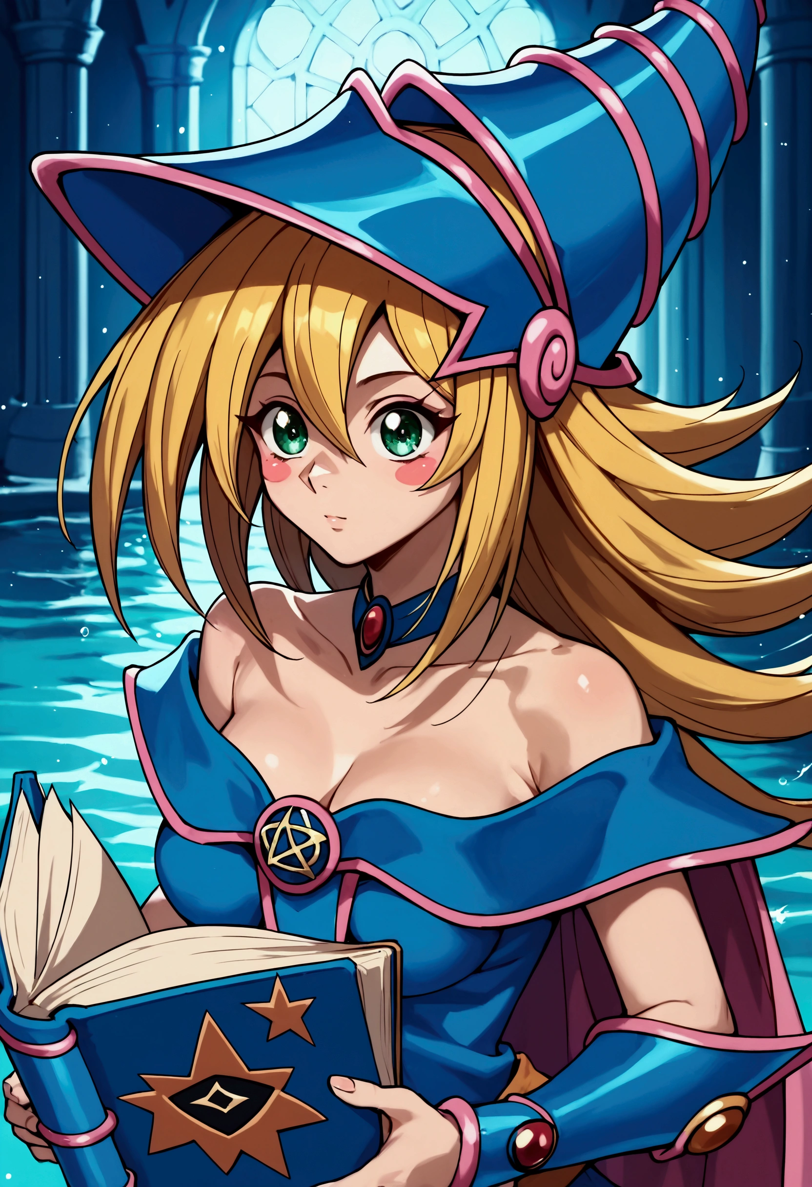 score_9, score_8_up, score_7_up, score_6_up,dark magician girl,, masterpiece,  is the best quality, (1 Girl),  alone, (water), Long hair, green eyes, long hair,blonde hair, blush,blush stickers,Blue headdress,choker, Wizard Hat, Spellcasting, castle, castle:2,  motion blur , Book,  magic , (moonlight:1.2), Chromatic Aberration,  Photo Depth,  soft lighting,  Beautifully detailed face  ,  highly detailed eyes ,