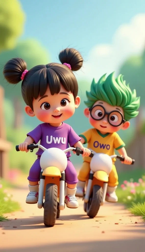 (masterpiece, best quality:1.2), a girl with name uwu wearing purple motocross jersey with text "Uwu", long pants motocross and a boy with name owo wearing yellow yellow motocross jersey with text "Owo", long pants motocross,  they are ride mini motocross bike with background is dirt track circuit.