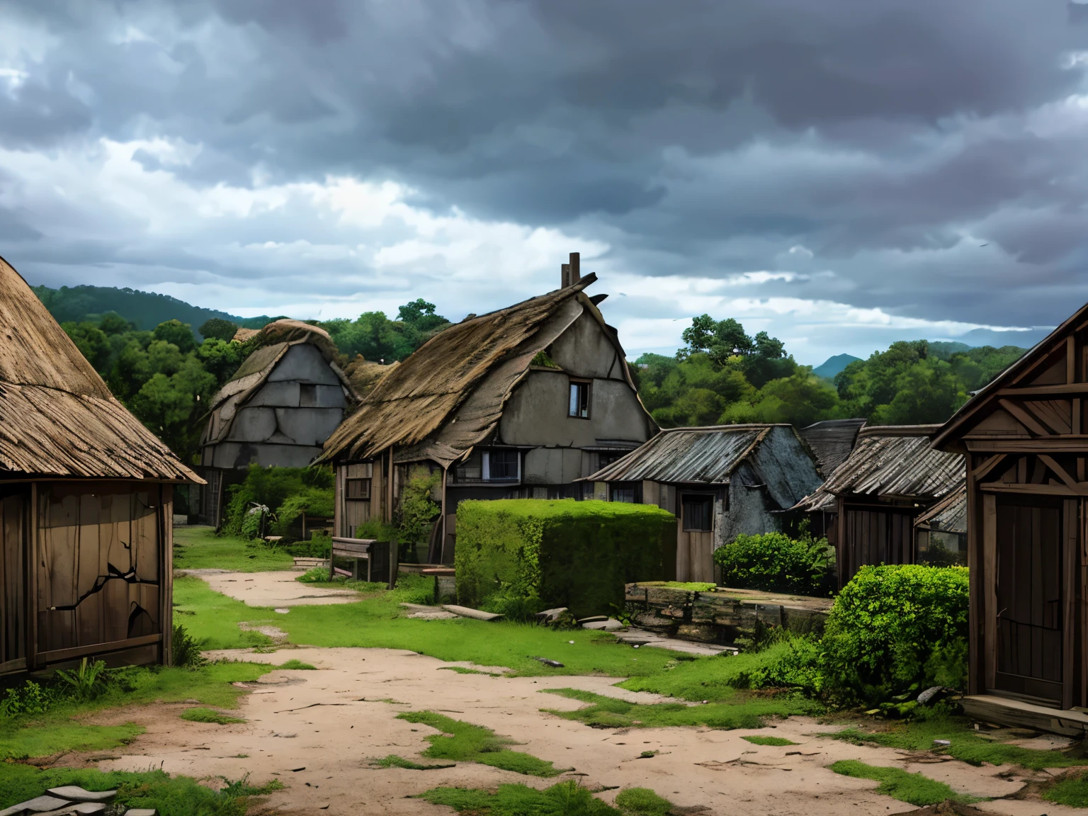 Anime-style image of a destroyed rural village with a medieval aesthetic, featuring crumbling wooden houses with thatched roofs, broken cobblestone streets, and scattered debris. The scene emphasizes a desolate, rustic atmosphere with shades of brown dominating the color palette, evoking a sense of abandonment and decay. The village is surrounded by rolling hills and a dark forest in the distance, with overcast skies adding to the somber mood. The setting is entirely medieval, with no modern elements, capturing the raw and weathered charm of a forgotten era in classic anime style.